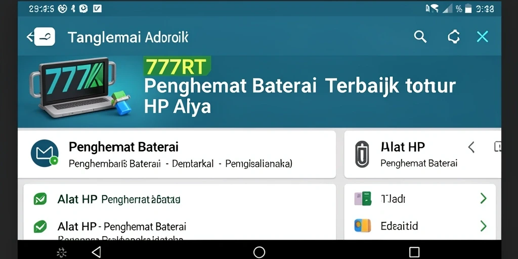 Screenshot utama 777RT menampilkan antarmuka Penghemat Baterai yang informatif.